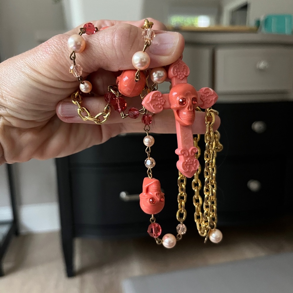 Tarina Tarantino Coral Skull Pearl Pendant Necklace with Gold Chain